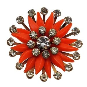 Orange Plastic Mod Brooch Rhinestone Sunburst Pin Star Petal Daisy Acrylic Vtg